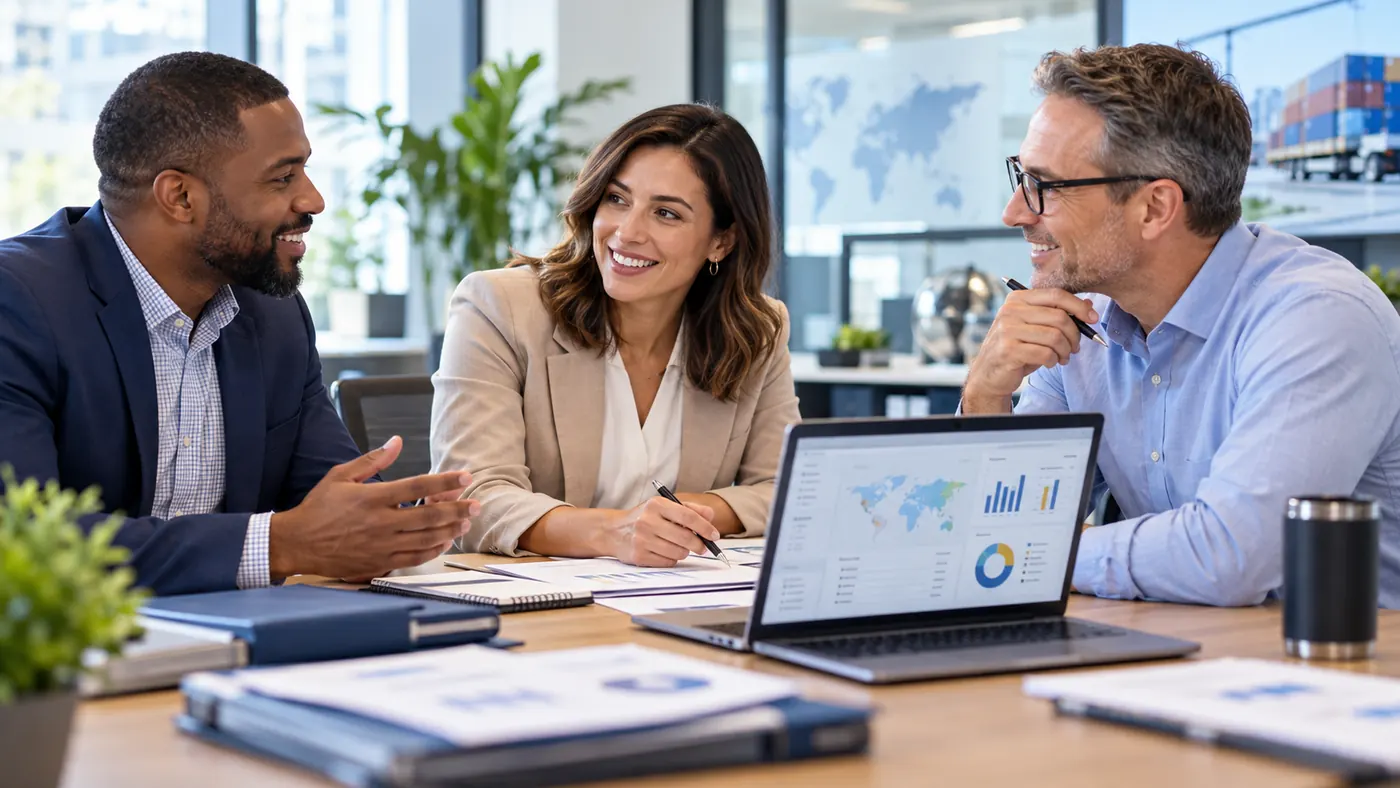 Three business professionals discussing sourcing and supply chain information at a meeting
