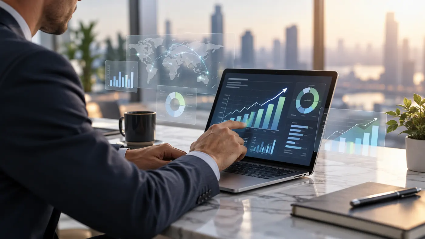 Business professional reviewing purchasing analytics on a laptop