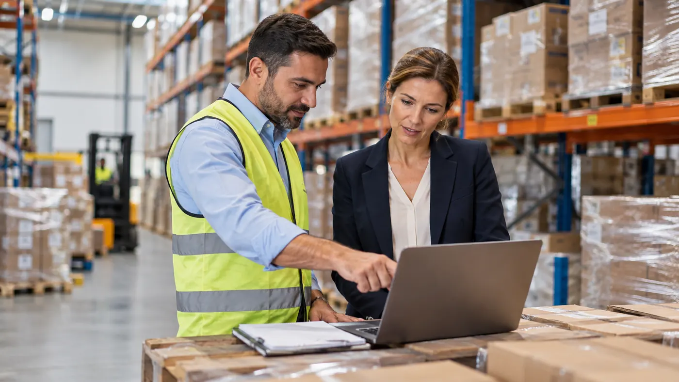 Warehouse colleagues reviewing logistics information at a packing table